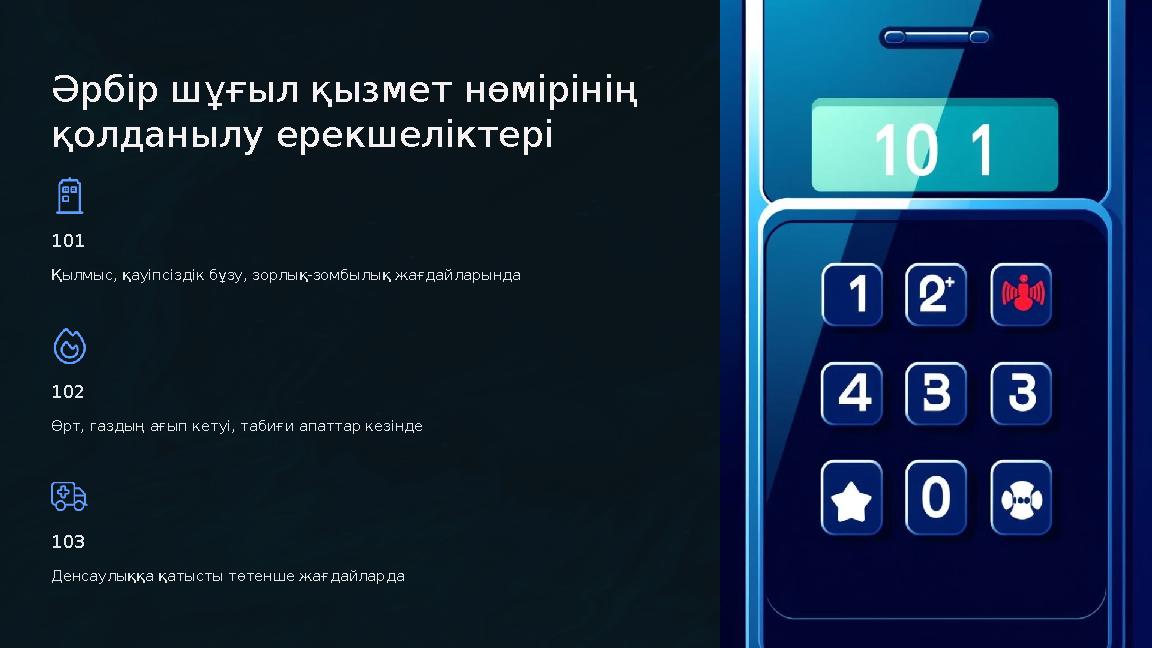 Әрбір шұғыл қызмет нөмірінің қолданылу ерекшеліктері 101 Қылмыс, қауіпсіздік бұзу, зорлық-зомбылық жағдайларында 102 Өрт, газд