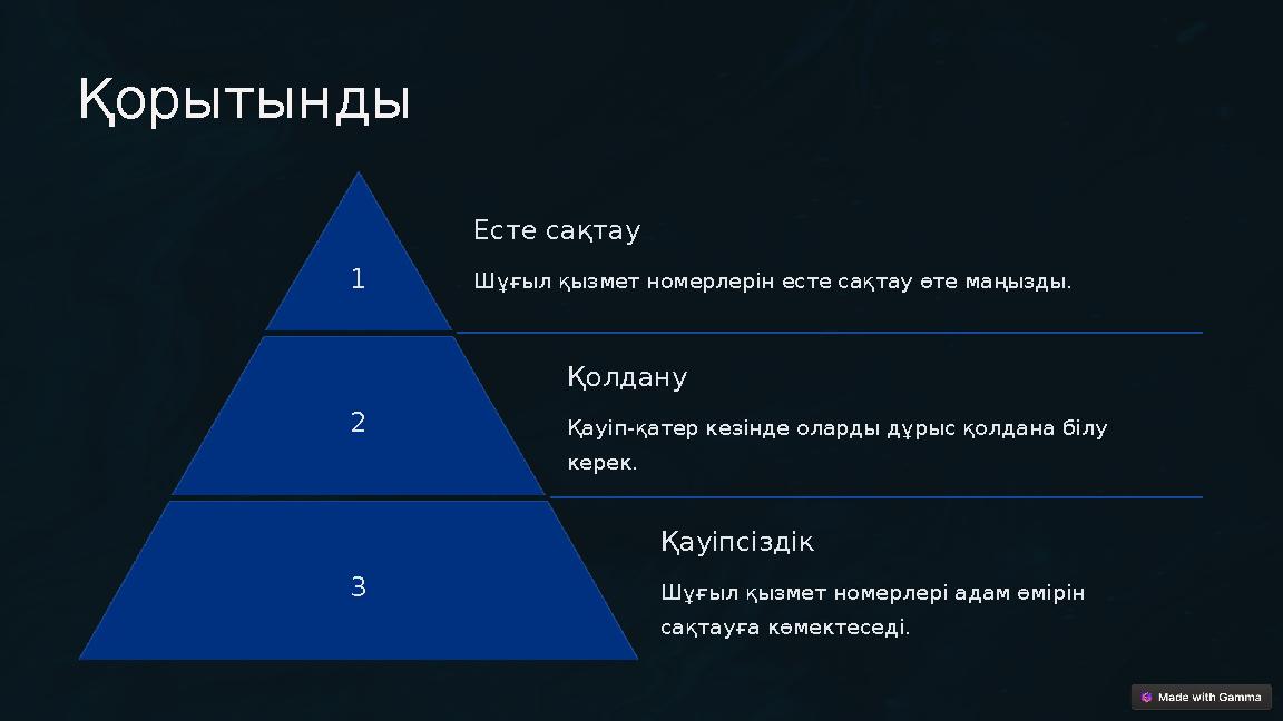 Қорытынды 1 Есте сақтау Шұғыл қызмет номерлерін есте сақтау өте маңызды. 2 Қолдану Қауіп-қатер кезінде оларды дұрыс қолдана біл
