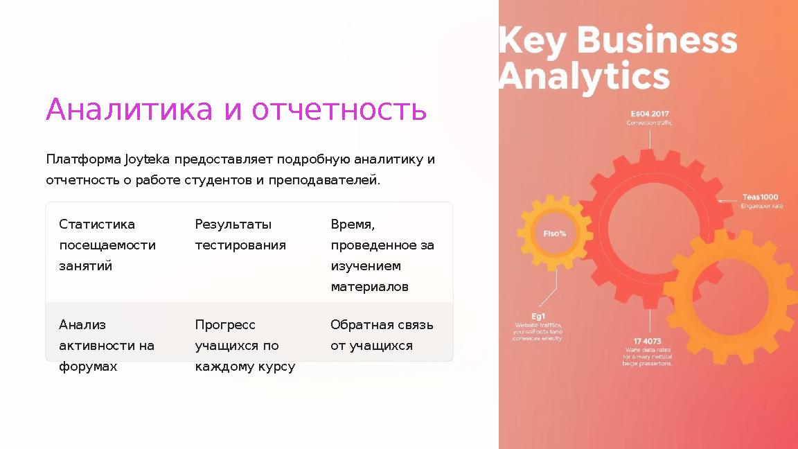 Аналитика и отчетность Платформа Joyteka предоставляет подробную аналитику и отчетность о работе студентов и преподавателей.