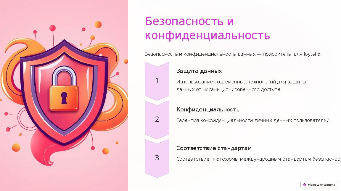 Безопасность и конфиденциальность Безопасность и конфиденциальность данных — приоритеты для Joyteka. Защита данных Использован