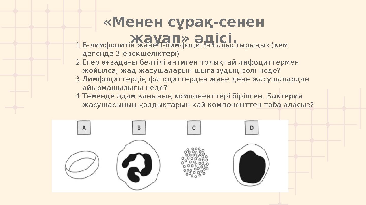 «Менен сұрақ-сенен жауап» әдісі. 1.B-лимфоцитін және T-лимфоцитін салыстырыңыз (кем дегенде 3 ерекшеліктері) 2.Егер ағзадағы б