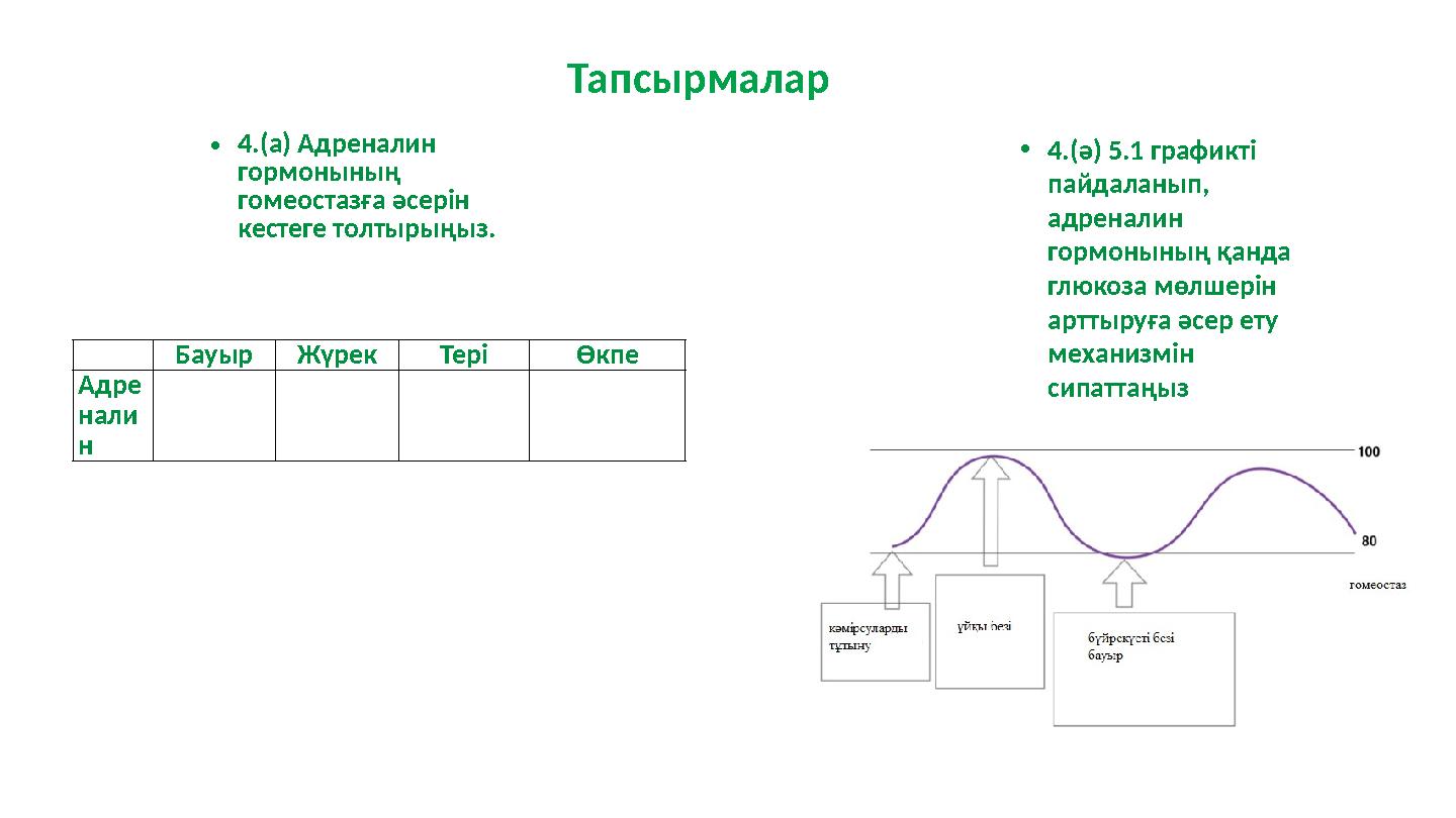 Тапсырмалар •4.(а) Адреналин гормонының гомеостазға әсерін кестеге толтырыңыз. •4.(ә) 5.1 графикті пайдаланып, адреналин