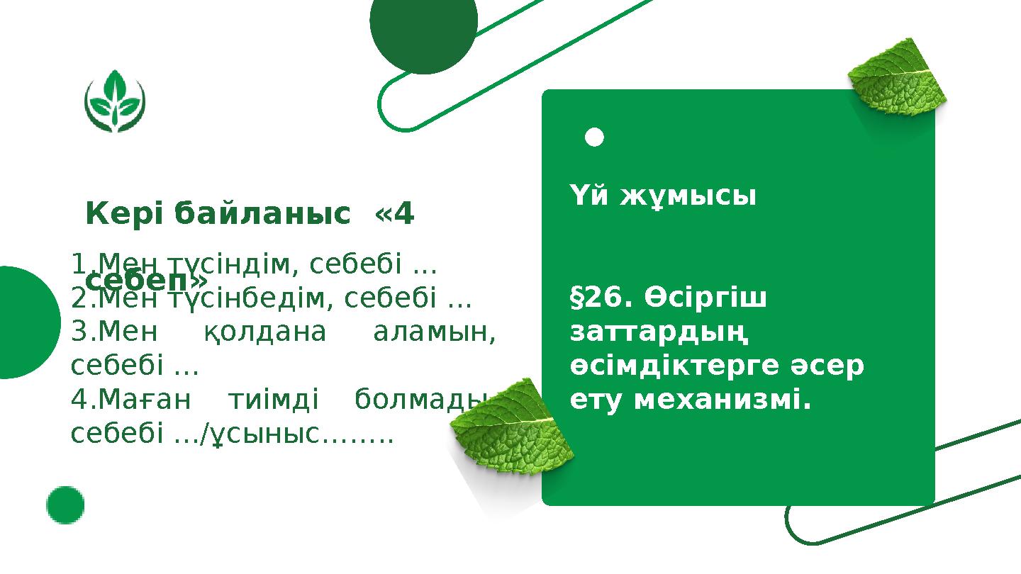 Кері байланыс «4 себеп» 1.Мен түсіндім, себебі ... 2.Мен түсінбедім, себебі ... 3.Мен қолдана аламын, себебі ... 4.Маған тиі