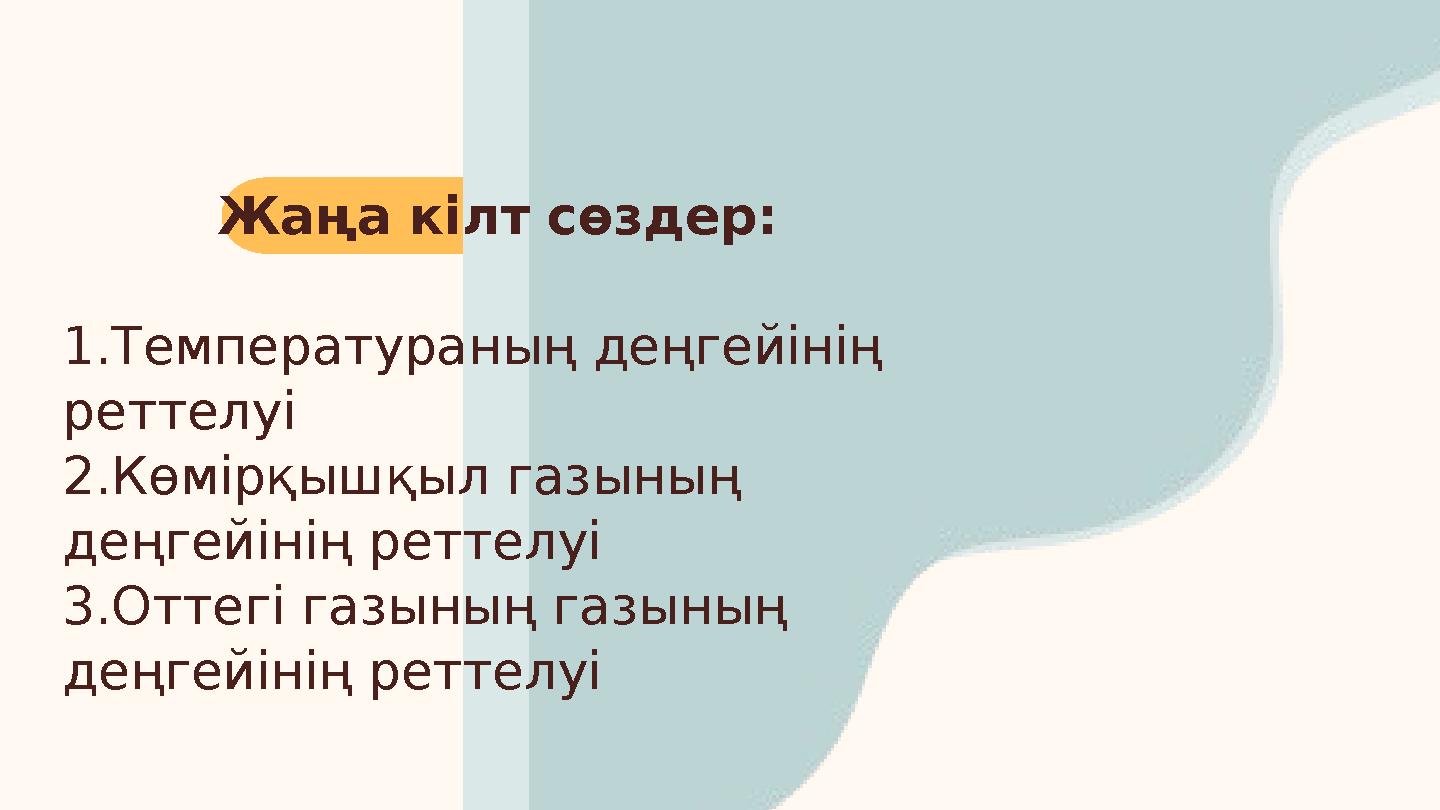 Жаңа кілт сөздер: 1.Температураның деңгейінің реттелуі 2.Көмірқышқыл газының деңгейінің реттелуі 3.Оттегі газының газының де