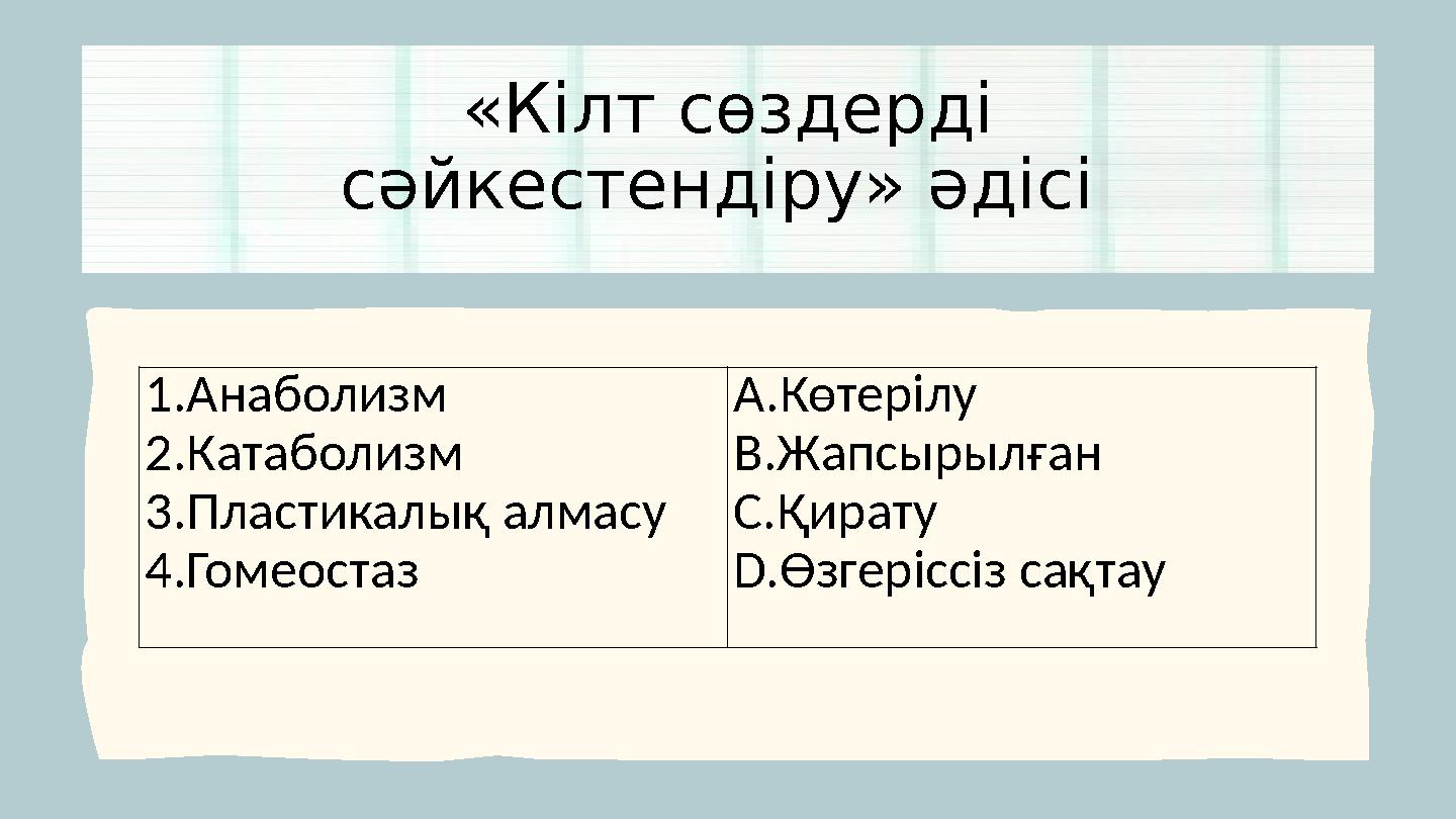 «Кілт сөздерді сәйкестендіру» әдісі 1.Анаболизм 2.Катаболизм 3.Пластикалық алмасу 4.Гомеостаз A.Көтерілу B.Жапсырылған C.Қира