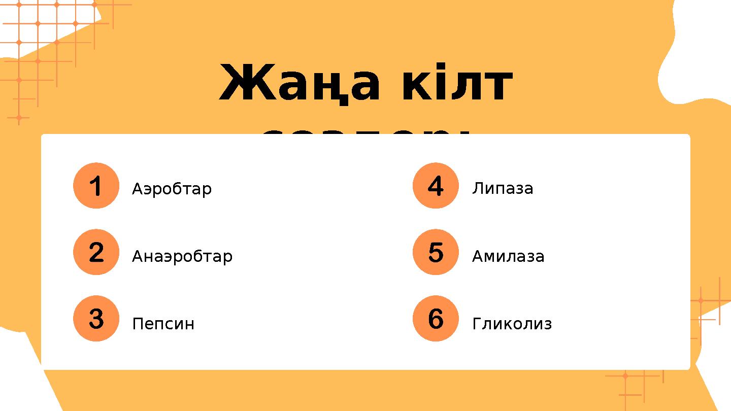 Жаңа кілт сөздер: Аэробтар Анаэробтар Пепсин Липаза Амилаза Гликолиз