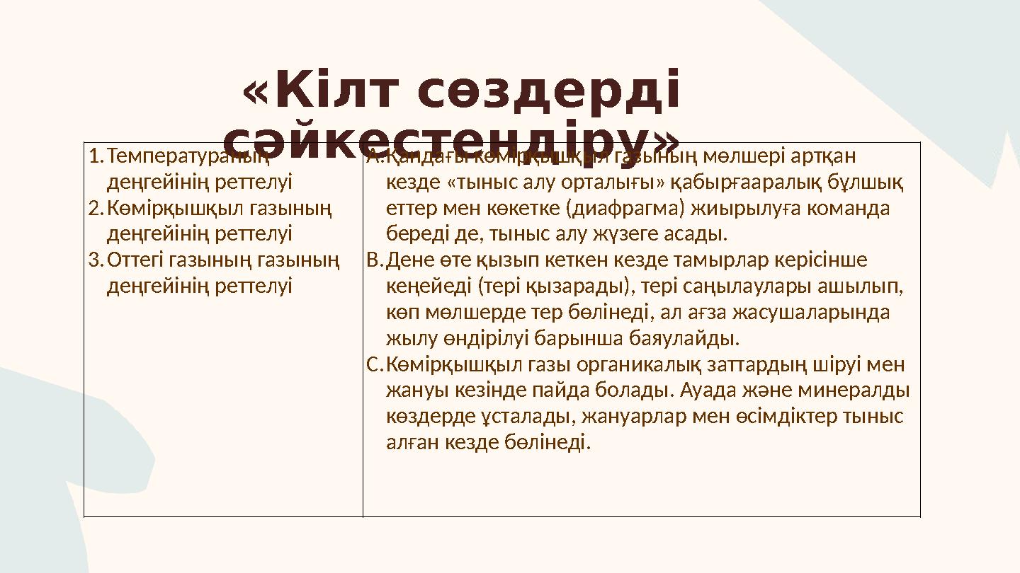 «Кілт сөздерді сәйкестендіру» 1.Температураның деңгейінің реттелуі 2.Көмірқышқыл газының деңгейінің реттелуі 3.Оттегі газы