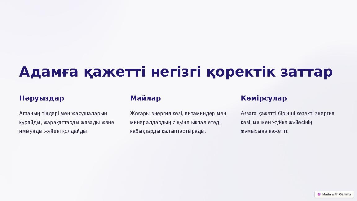 Адамға қажетті негізгі қоректік заттар Нәруыздар Ағзаның тіндері мен жасушаларын құрайды, жарақаттарды жазады және иммунды жү
