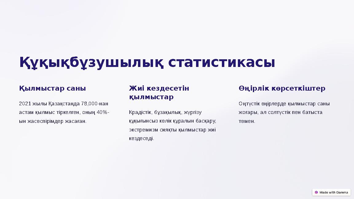 Құқықбұзушылық статистикасы Қылмыстар саны 2021 жылы Қазақстанда 78,000-нан астам қылмыс тіркелген, оның 40%- ын жасөспірімдер