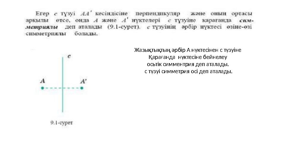 Жазықтықтың әрбір А нүктесінен с түзуіне Қарағанда нүктесіне бейнелеу осьтік симментрия деп аталады. с түзуі симметрия осі д