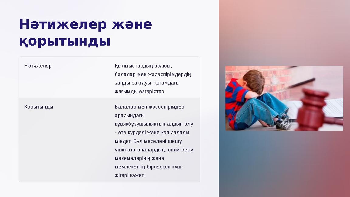 Нәтижелер және қорытынды Нәтижелер Қылмыстардың азаюы, балалар мен жасөспірімдердің заңды сақтауы, қоғамдағы жағымды өзге