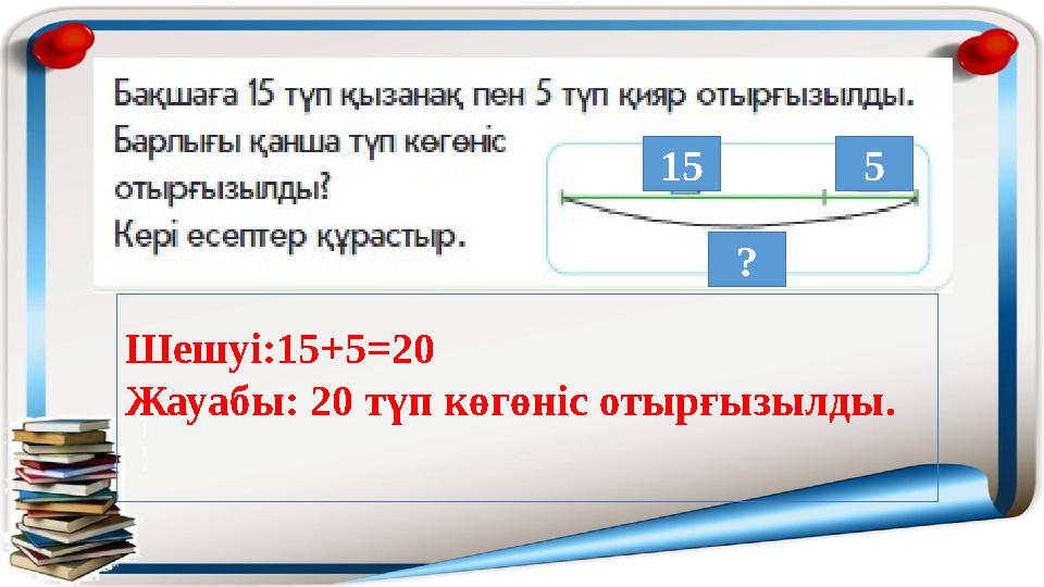 15 5 ? Шешуі:15+5=20 Жауабы: 20 түп көгөніс отырғызылды.