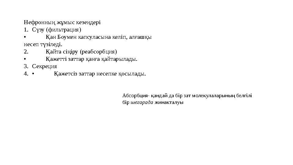 Нефронның жұмыс кезеңдері 1.Сүзу (фильтрация) • Қан Боумен капсуласына келіп, алғашқы несеп түзіледі. 2. Қайта сіңіру (реабсорб