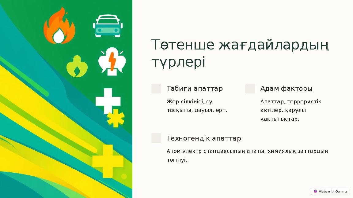 Төтенше жағдайлардың түрлері Табиғи апаттар Жер сілкінісі, су тасқыны, дауыл, өрт. Адам факторы Апаттар, террористік актілер,