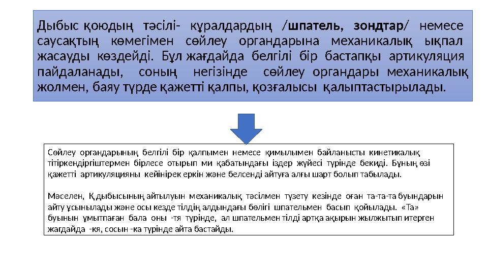 Дыбыс қоюдың тәсілі- кұралдардың /шпатель, зондтар/ немесе саусақтың көмегімен сөйлеу органдарына механикалық ықпал