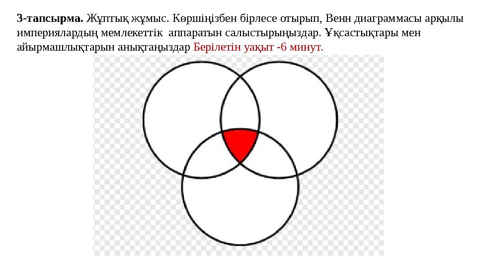 3-тапсырма. Жұптық жұмыс. Көршіңізбен бірлесе отырып, Венн диаграммасы арқылы империялардың мемлекеттік аппаратын салыстырыңы