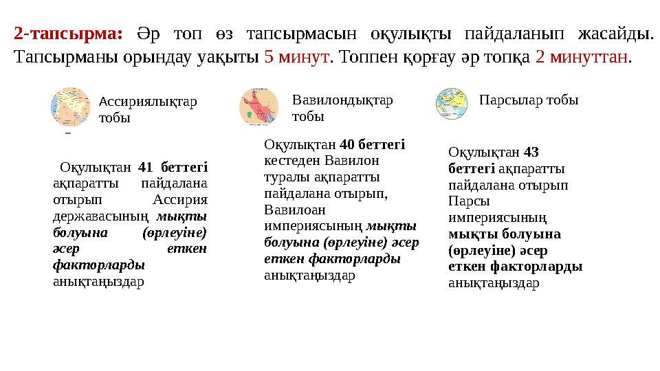 Оқулықтан 41 беттегі ақпаратты пайдалана отырып Ассирия державасының мықты болуына (өрлеуіне) әсер еткен факторларды аны