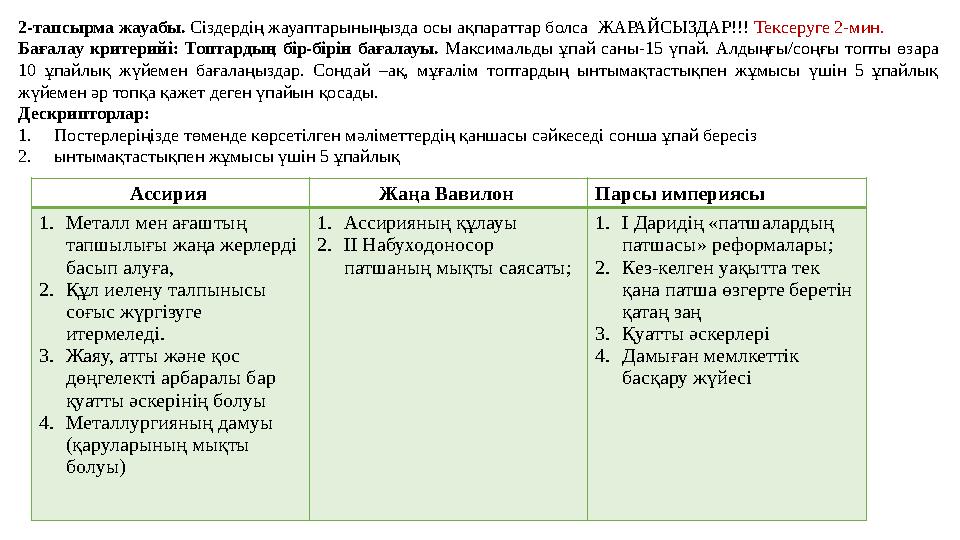 Ассирия Жаңа Вавилон Парсы империясы 1.Металл мен ағаштың тапшылығы жаңа жерлерді басып алуға, 2.Құл иелену талпынысы соғыс