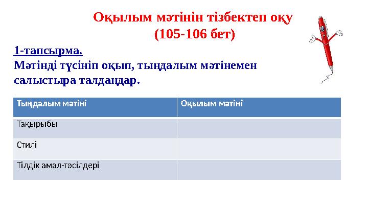 Оқылым мәтінін тізбектеп оқу (105-106 бет) 1-тапсырма. Мәтінді түсініп оқып, тыңдалым мәтінемен салыстыра талдаңдар. Тыңдалым