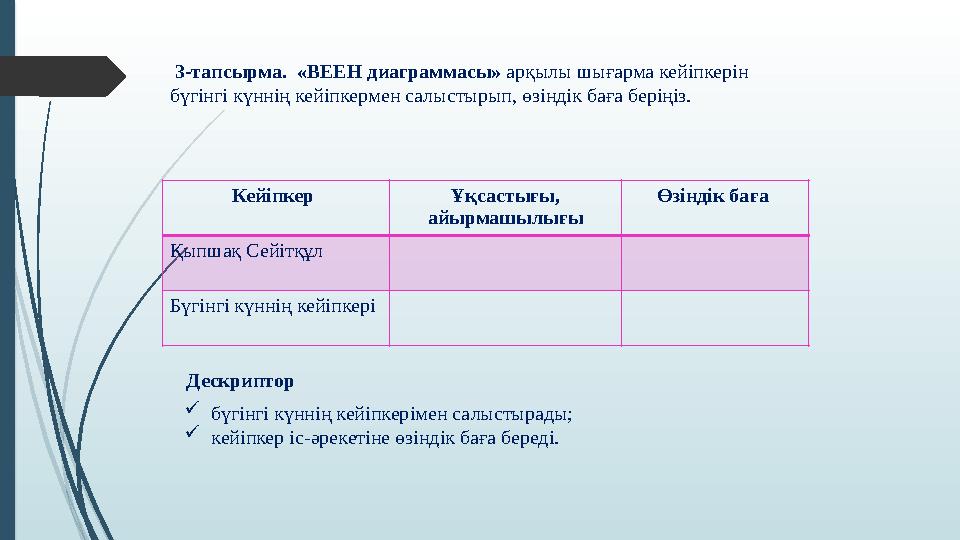 3-тапсырма. «ВЕЕН диаграммасы» арқылы шығарма кейіпкерін бүгінгі күннің кейіпкермен салыстырып, өзіндік баға бері