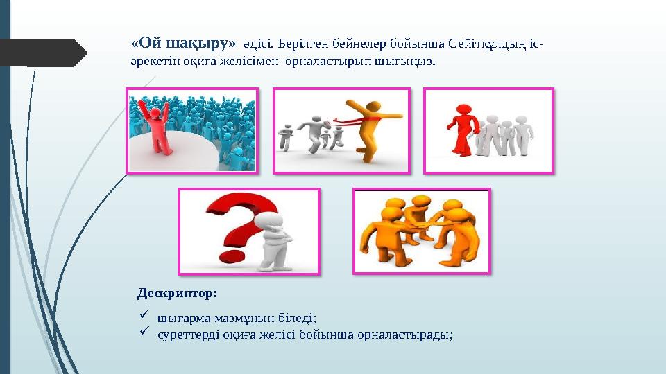 «Ой шақыру» әдісі. Берілген бейнелер бойынша Сейітқұлдың іс- әрекетін оқиға желісімен орналастырып шығыңыз.