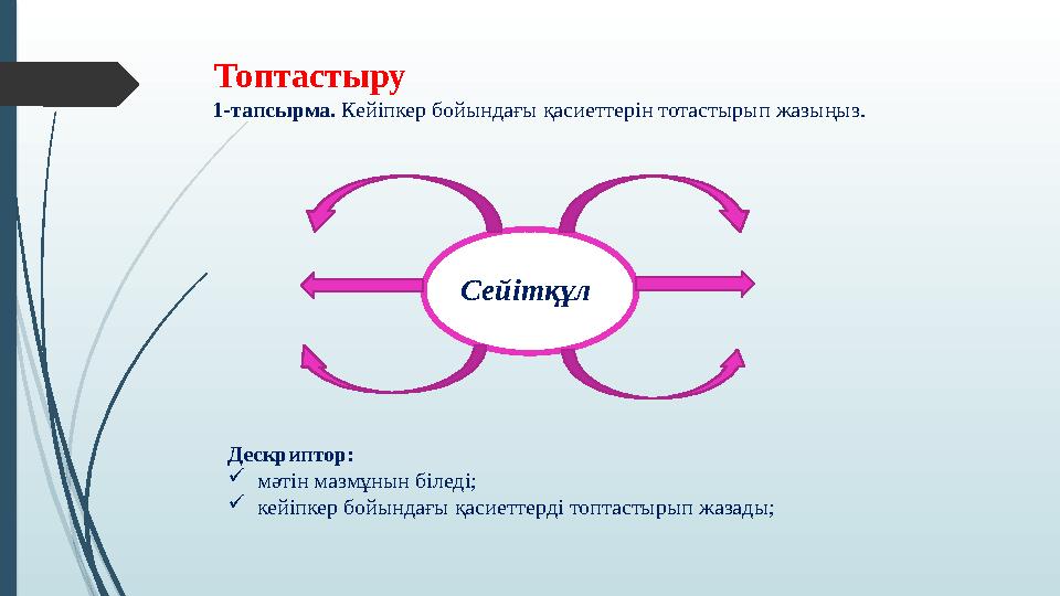 Топтастыру 1-тапсырма. Кейіпкер бойындағы қасиеттерін тотастырып жазыңыз. Сейітқұл Дескриптор: мәтін мазмұнын бі