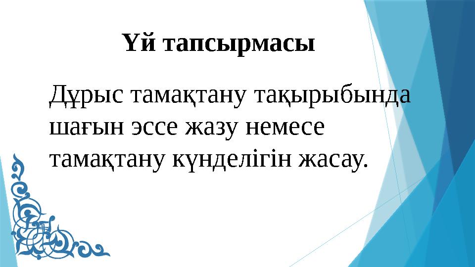 Дұрыс тамақтану тақырыбында шағын эссе жазу немесе тамақтану күнделігін жасау. Үй тапсырмасы