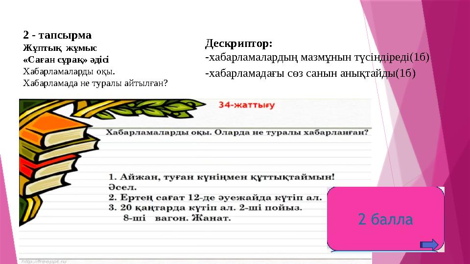 2 - тапсырма Жұптық жұмыс «Саған сұрақ» әдісі Хабарламаларды оқы. Хабарламада не туралы айтылған? Дескриптор