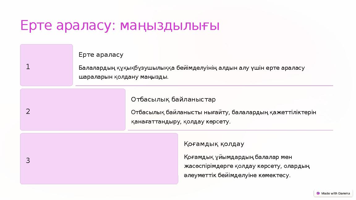 Ерте араласу: маңыздылығы 1 Ерте араласу Балалардың құқықбұзушылыққа бейімделуінің алдын алу үшін ерте араласу шараларын қолда