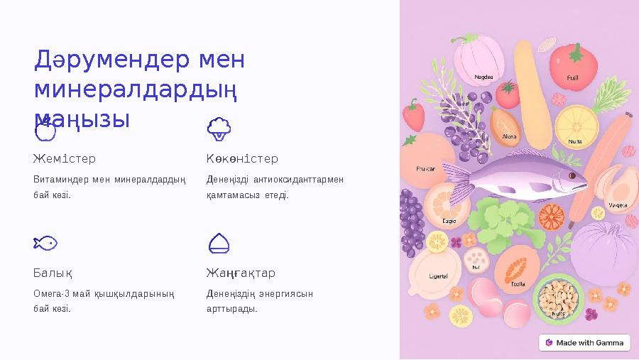 Дәрумендер мен минералдардың маңызы Жемістер Витаминдер мен минералдардың бай көзі. Көкөністер Денеңізді антиоксиданттармен