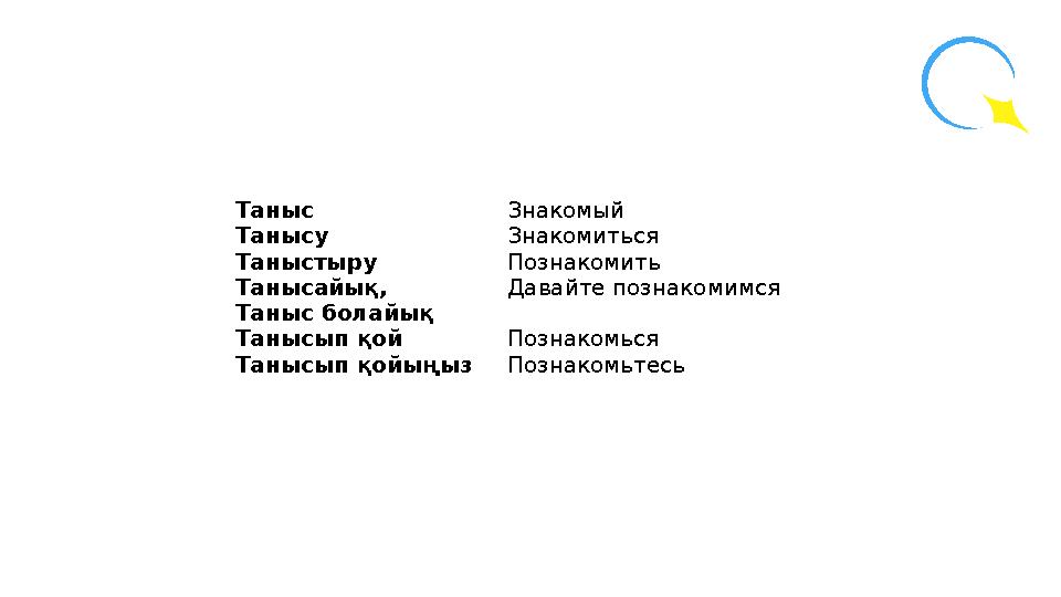 Таныс Танысу Таныстыру Танысайық, Таныс болайық Танысып қой Танысып қойыңыз Знакомый Знакомиться Познакомить Давайте познакомимс