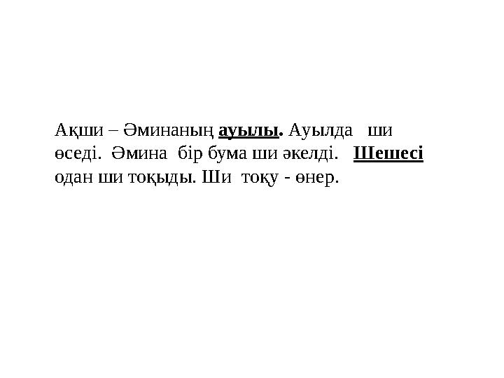 Ақши – Әминаның ауылы. Ауылда ши өседі. Әмина бір бума ши әкелді. Шешесі одан ши тоқыды. Ши тоқу - өнер.