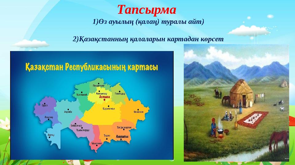 Тақырыпты ашу Тапсырма 1)Өз ауылың (қалаң) туралы айт) 2)Қазақстанның қалаларын картадан көрсет