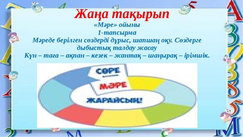 Жаңа тақырып «Мәре» ойыны 1-тапсырма Мәреде берілген сөздерді дұрыс, шапшаң оқу. Сөздерге дыбыстық талдау жасау Күн – таға –