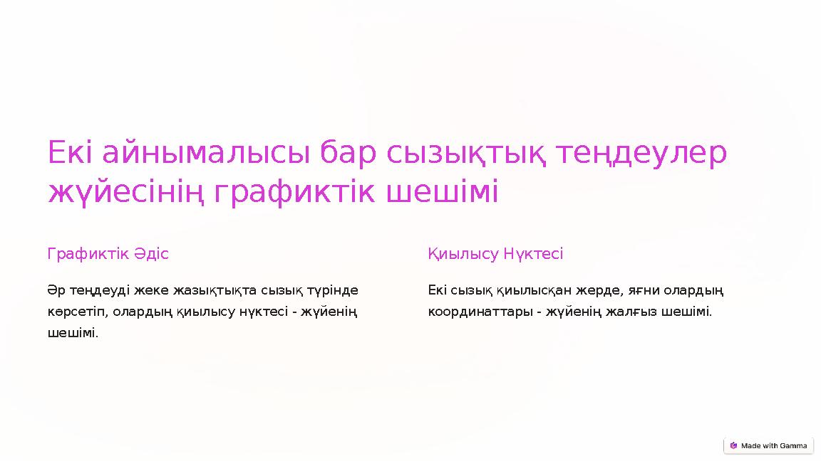 Екі айнымалысы бар сызықтық теңдеулер жүйесінің графиктік шешімі Графиктік Әдіс Әр теңдеуді жеке жазықтықта сызық түрінде көр