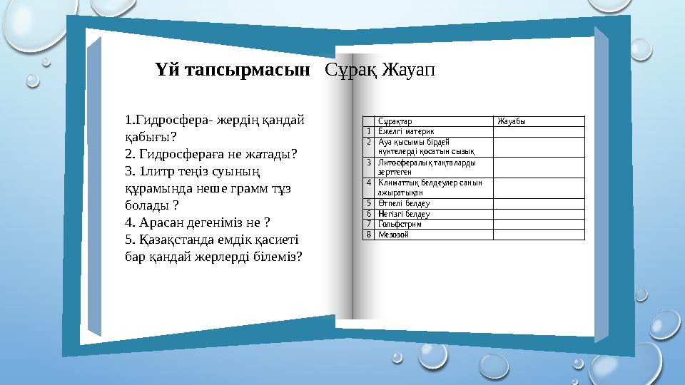 Үй тапсырмасын Сұрақ Жауап 1.Гидросфера- жердің қандай қабығы? 2. Гидросфераға не жатады? 3. 1литр теңіз суының құрамында не