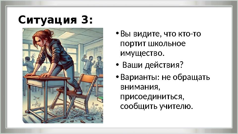 Ситуация 3: •Вы видите, что кто-то портит школьное имущество. • Ваши действия? •Варианты: не обращать внимания, присоединить