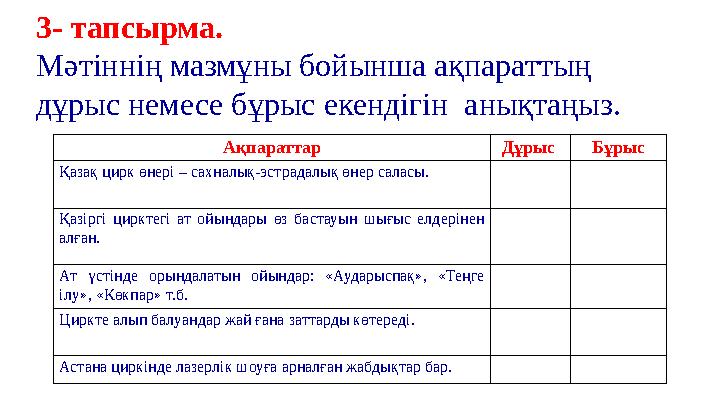 3- тапсырма. Мәтіннің мазмұны бойынша ақпараттың дұрыс немесе бұрыс екендігін анықтаңыз. Ақпараттар Дұрыс Бұрыс Қазақ цирк өне