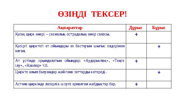 ӨЗІҢДІ ТЕКСЕР! Ақпараттар Дұрыс Бұрыс Қазақ цирк өнері – сахналық-эстрадалық өнер саласы. + Қазіргі цирктегі ат ойындары өз бас