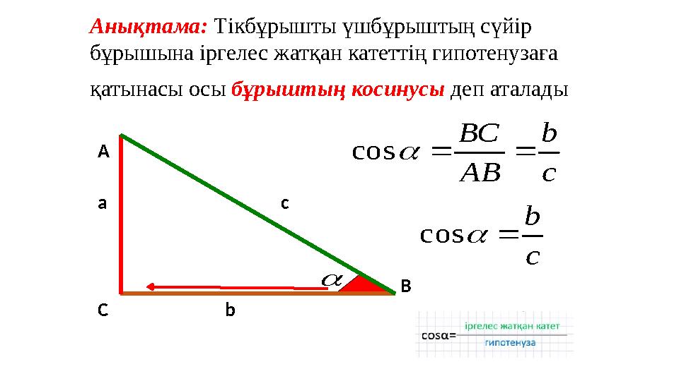 А С В b ca c b АВ ВС cos Анықтама: Тікбұрышты үшбұрыштың сүйір бұрышына іргелес жатқан катеттің гипотенузаға қатынасы осы б