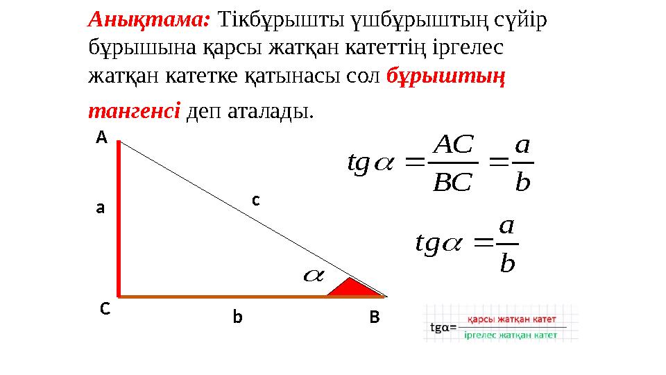 А С Вb c a b a ВС АС tg  Анықтама: Тікбұрышты үшбұрыштың сүйір бұрышына қарсы жатқан катеттің іргелес жатқан катетке қатына