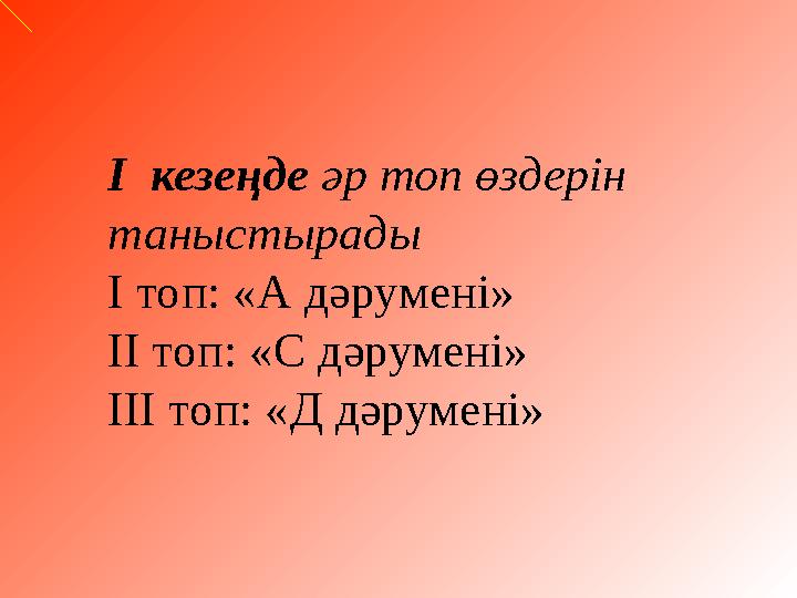 І кезеңде әр топ өздерін таныстырады І топ: «А дәрумені» ІІ топ: «С дәрумені» ІІІ топ: «Д дәрумені»