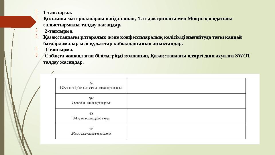 1-тапсырма. Қосымша материалдарды пайдаланып, Ұлт доктринасы мен Монро қағидатына салыстырмалы талдау жасаңдар.