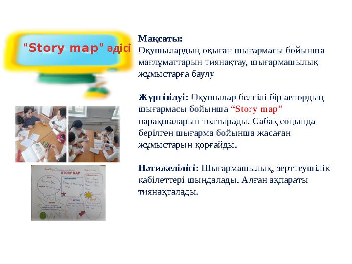 “Story map” әдісі Мақсаты: Оқушылардың оқыған шығармасы бойынша мағлұматтарын тиянақтау, шығармашылық жұмыстарға баулу Жүр