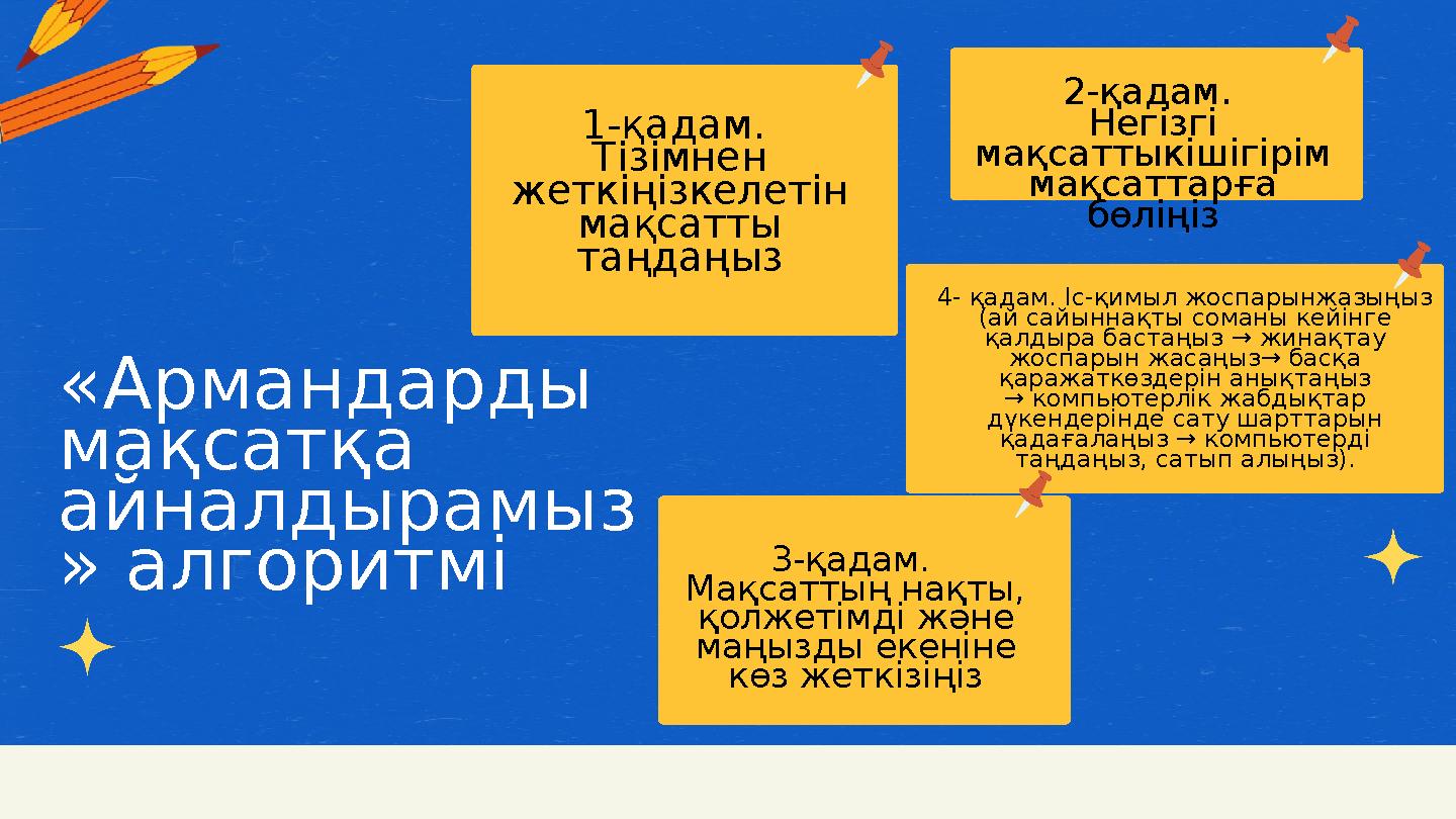 3-қадам. Мақсаттың нақты, қолжетімді және маңызды екеніне көз жеткізіңіз 4- қадам. Іс-қимыл жоспарынжазыңыз (ай сайыннақты