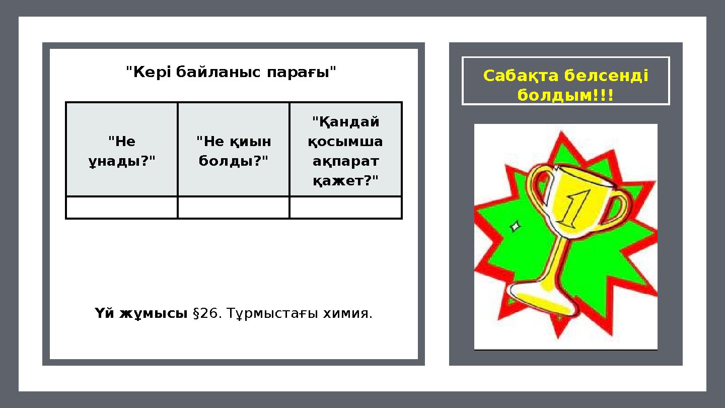 "Не ұнады?" "Не қиын болды?" "Қандай қосымша ақпарат қажет?" Сабақта белсенді болдым!!! "Кері байланыс парағы" Үй жұмысы