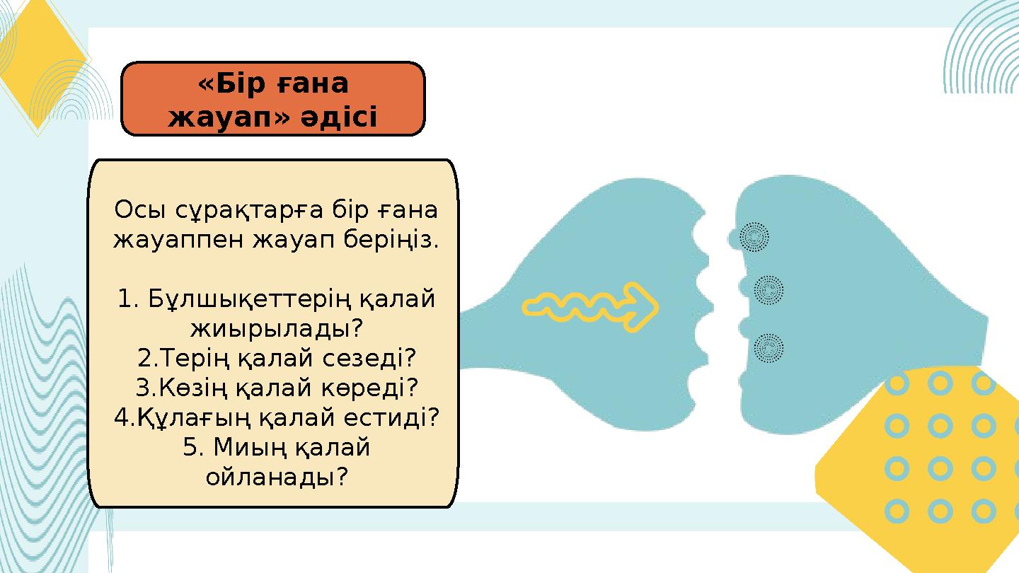 «Бір ғана жауап» әдісі Осы сұрақтарға бір ғана жауаппен жауап беріңіз. 1. Бұлшықеттерің қалай жиырылады? 2.Терің қалай сезед