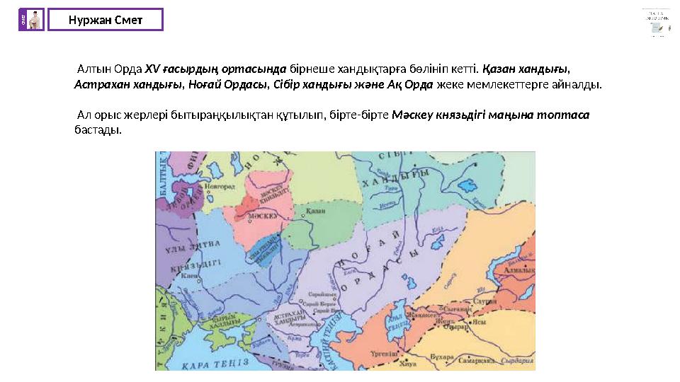 Нуржан СметС М Е Т Алтын Орда XV ғасырдың ортасында бірнеше хандықтарға бөлініп кетті. Қазан хандығы, Астрахан хандығы, Ноғай