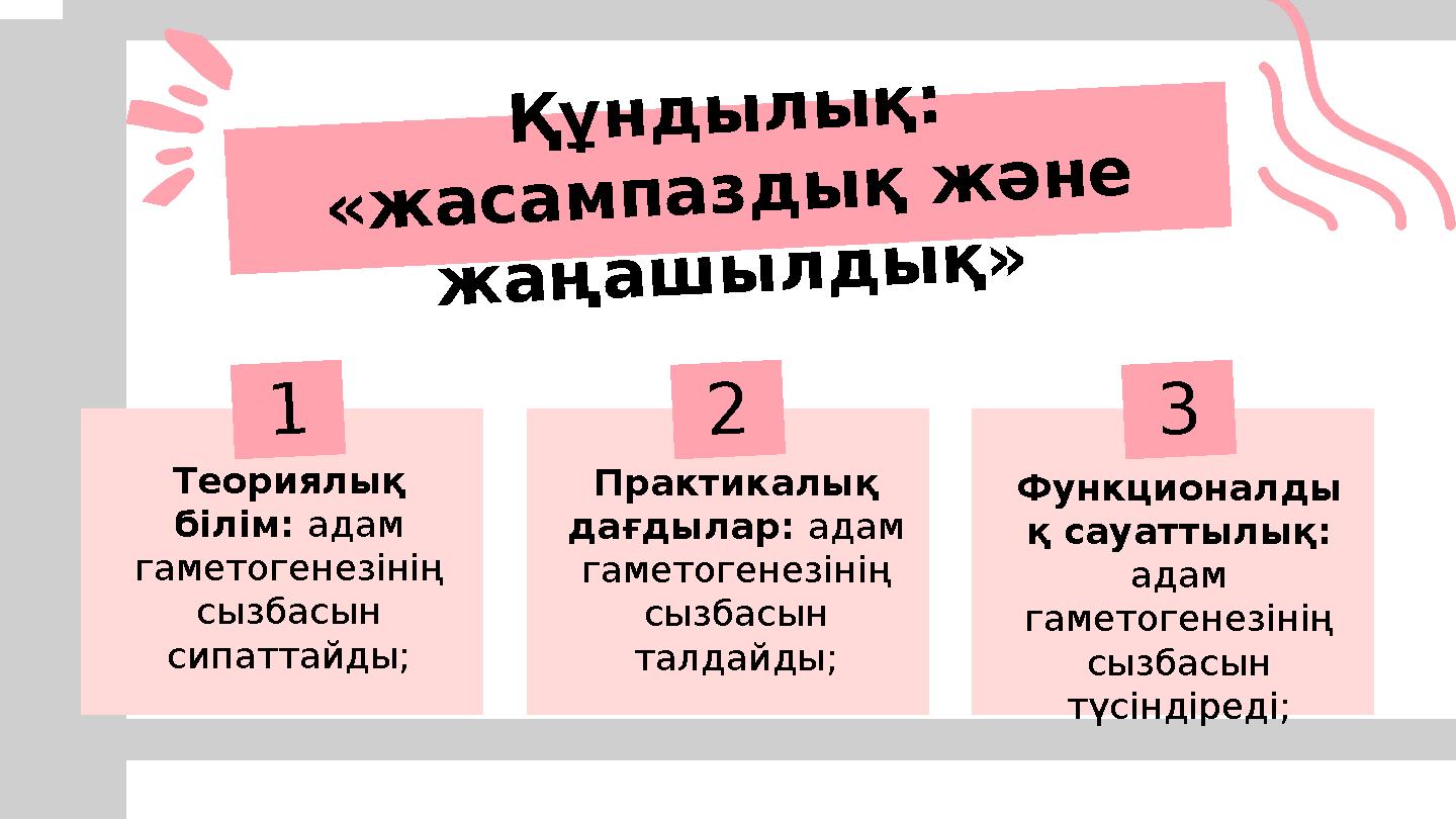 Құндылық: «жасампаздық және жаңашылдық» Теориялық білім: адам гаметогенезінің сызбасын сипаттайды; Практикалық дағдылар: