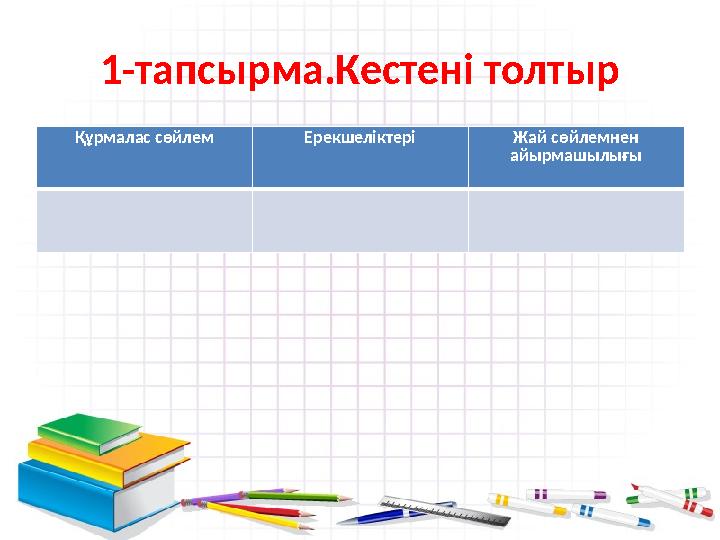 1-тапсырма.Кестені толтыр Құрмалас сөйлем Ерекшеліктері Жай сөйлемнен айырмашылығы